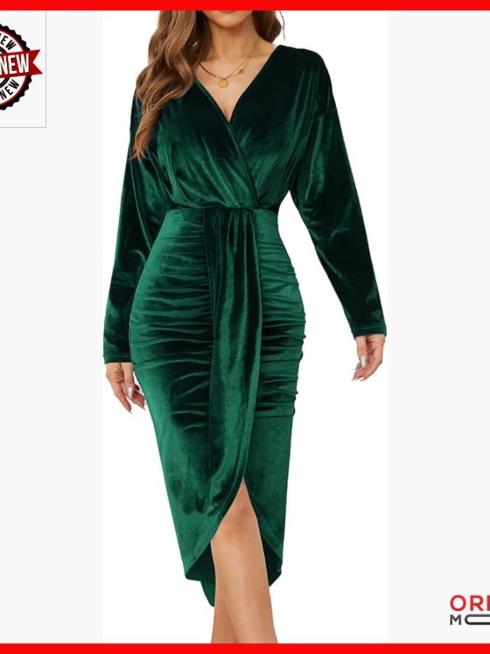 Long Sleeve V Neck Velvet Ruched Midi Dress Cocktail Party Evening